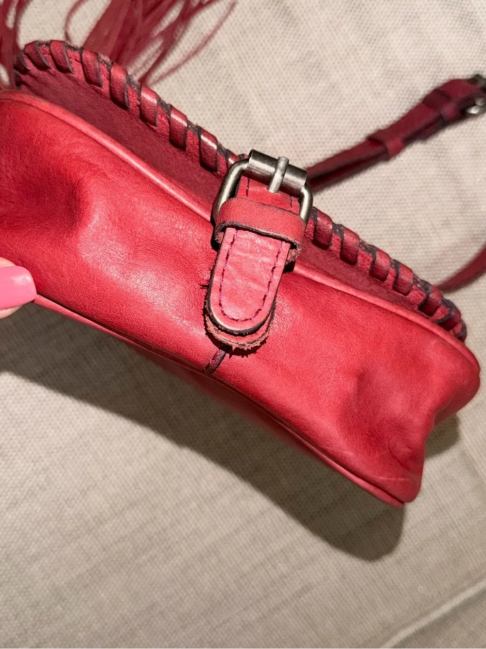 Patricia Nash Karis Leather Whipstitch Saddle Bag in a rich red/berry